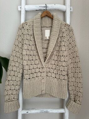 NWOT Neutral Cream Crochet-Style Chunky Knit Shawl Collar Cardigan Sweater